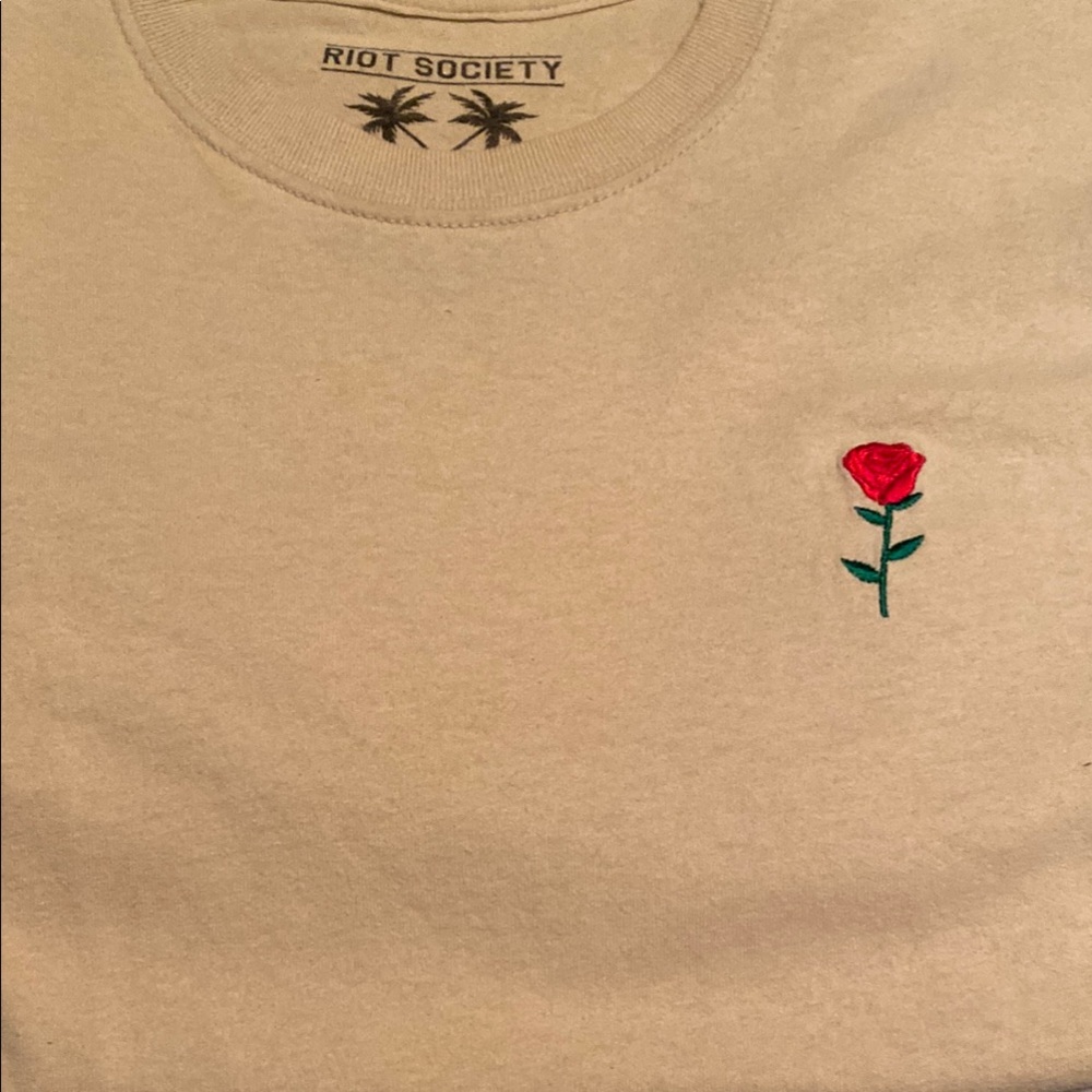 Riot Society Cream Long Sleeve Tee with Red Rose Embroidery